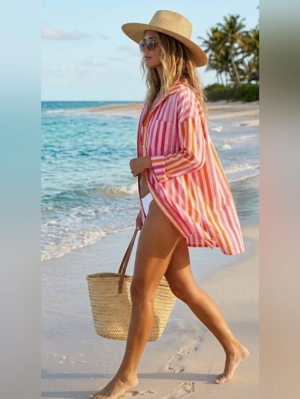 Beach Riot Striped Button Down Shirt Coverup Pink Orange Size L/XL
